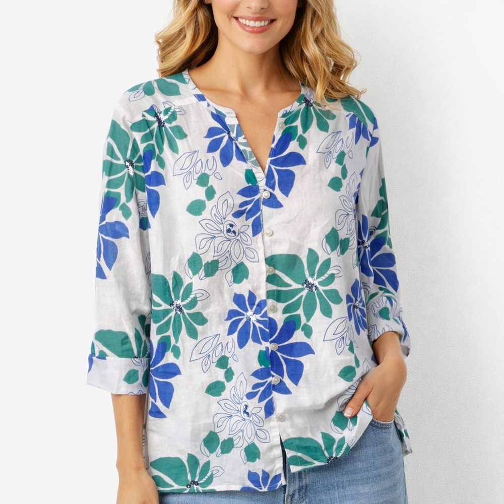 Rebecca Malone Floral Linen Blend Blouse Medium Blue Green 3/4 Sleeve Top
